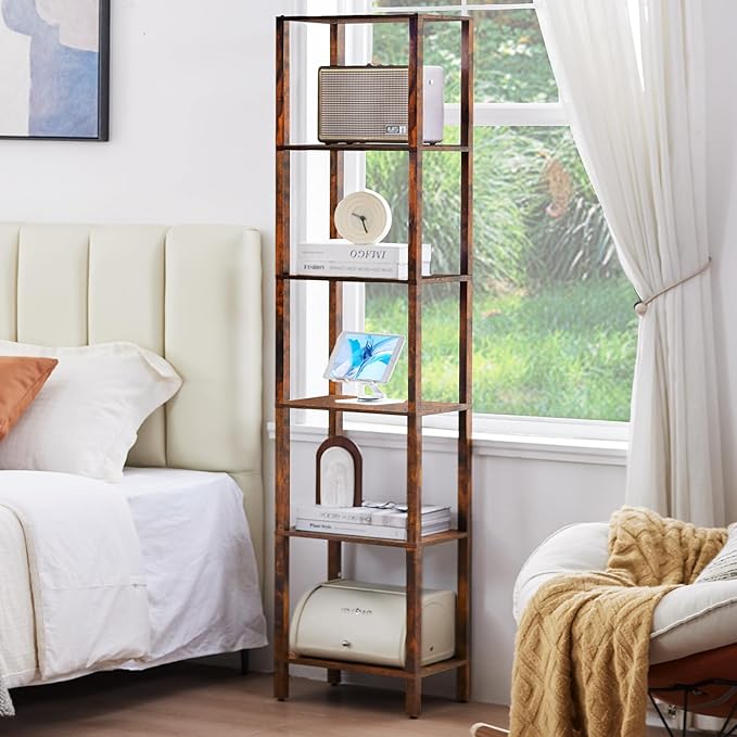 66in Tall Bookshelf 6-Tier Small Narrow Bookcase, Skinny Book Shelf for Small Space, Farmhouse Slim Shelf with Storage, Wood Freestanding Display Thin Bookshelves for Living Room, Office, Brown