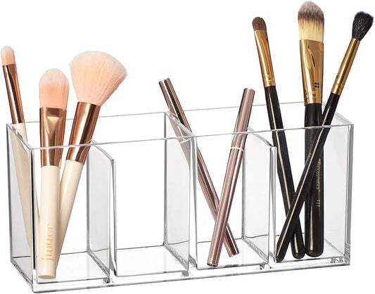 Amazing Abby - Glamour - Acrylic 4-Compartment Makeup Organizer, Transparent Plastic Makeup Brush Holder, Perfect Bathroom Vanity Storage Solution for Makeup Brushes, Eyebrow Pencils, and More-NeatNest