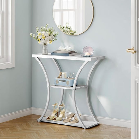Hoctieon 3 Tier Console Table with Open Wood Shelves, Decorative Entryway Table with Curved Metal Frames, Narrow Sofa Table for Entrance, Living Room, Hallway, White Marbled-NeatNest