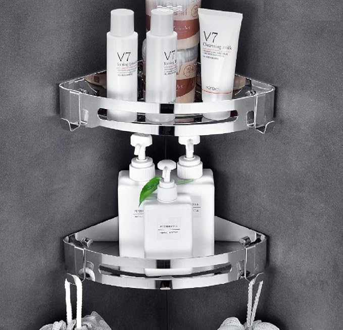 NearMoon Bathroom Shower Caddy 2 Pack, No Drill 304 Stainless Steel Shower Organizer with 2 Hooks (Corner Shelf, Chrome)