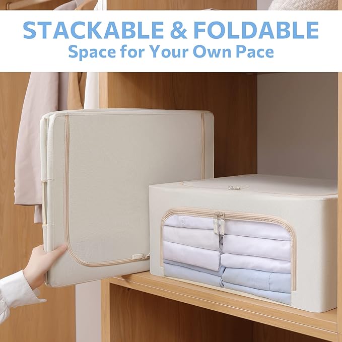 3Pack Frame Storage Box - Clothes Storage Bin Bags Oxford Fabric Foldable Stackable Container Organizer Set with Clear Window & Carry Handles (Beige, Medium-44L)-NeatNest