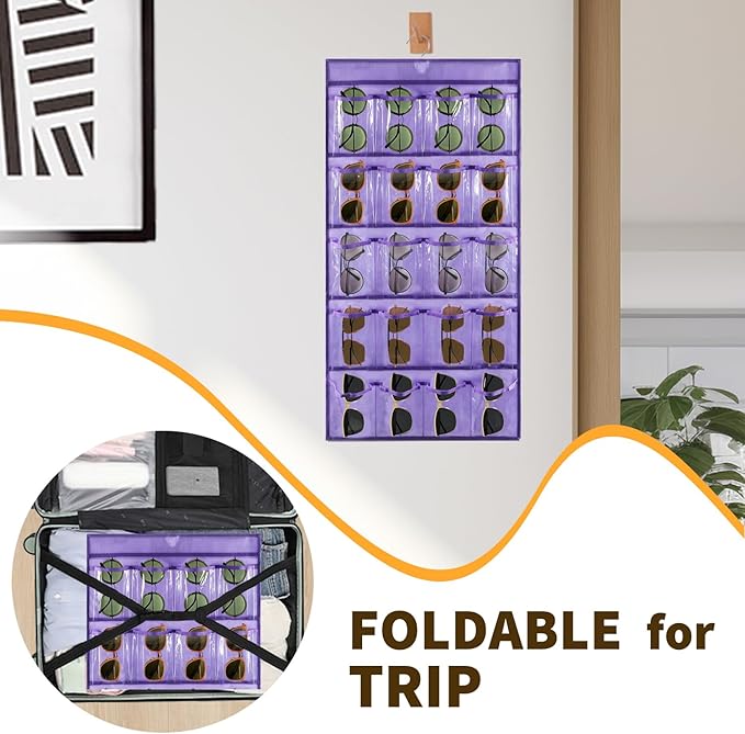 2 Pcs Sunglasses Organizer Storage Sunglass Holder for Wall Hanging Eyeglass Organizer for Multiple Glasses with 40 Clear Slots (PURPLE)-NeatNest