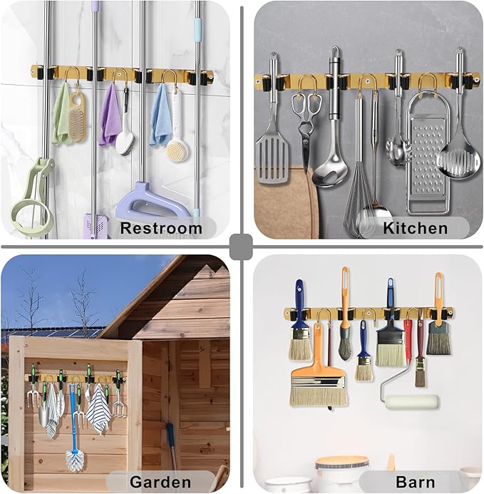 Mop Broom Holder Wall Mount, Gold Stainless Steel Tool Storage Organizer for Kitchen Garden Garage Laundry Room Bathroom and RV with 4 Slots 6 Hooks-NeatNest
