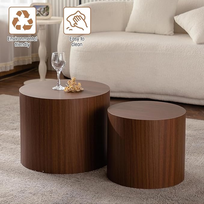 Round Nesting Coffee Table Set of 2 Walnut Round Drum Fluted Coffee Tables for Small Space Modern Stacking Nesting Tables Minimalist Circle Center Table 2 Piece for Living Room (Dark Wood)