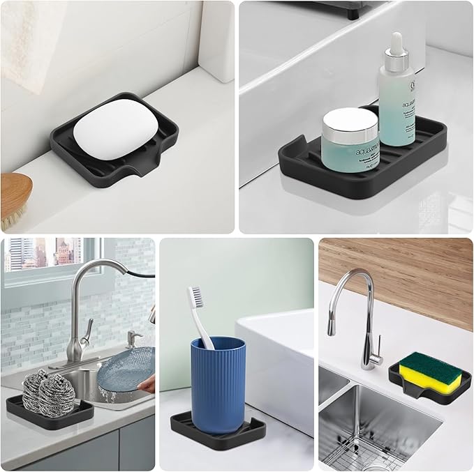 2PCS Self Draining Soap Holder,Spofit Silicone Soap Dish, Suitable for for Kitchen, Bathroom, Shower, Bath Tub,Soap Container (Black)-NeatNest
