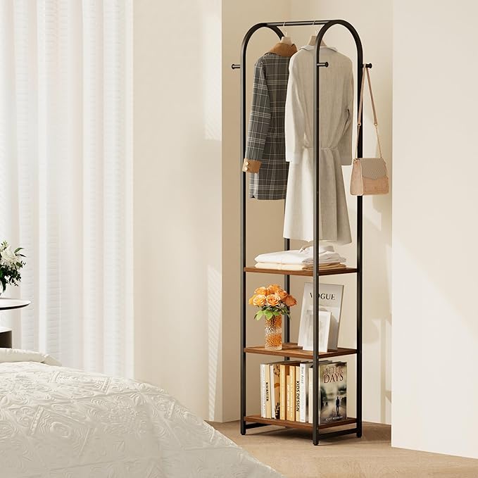 Garment Rack, Coat Rack With 3 Shelves and 4 Hooks, 71" H Clothes Stand For Hanging Clothes, Hanging Rod For for Bedroom, Hallway, Entryway, Office, Living Room, Rustic Brown and Black