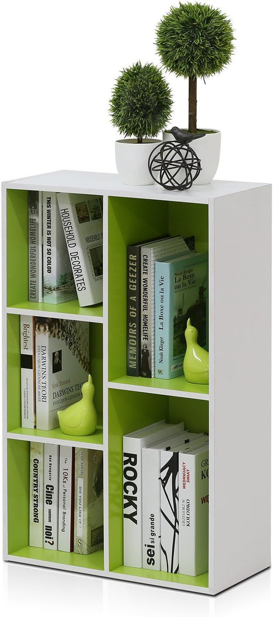 Furinno Luder Bookcase / Book / Storage , 5-Cube, White/Green-NeatNest