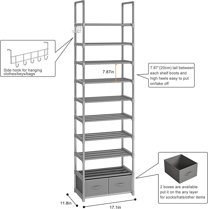 Shoe Rack, Sturdy Metal Shoes Rack Organizer,Narrow Shoe Rack,Shoe Racks for Closets,Shoes Rack,Shoe Stand,Shoe Shelf (10 Tier with 2 Boxes and 1 Hook)-NeatNest