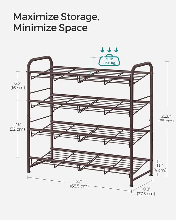 SONGMICS Stackable Shoe Rack, 4 Tier Metal Shoes Rack Storage Shelf, Holds up to 20 Pairs Shoes, Adjustable Slanted Shelves Tower Organizer for Closet Entryway Small Spaces, Bronze-NeatNest
