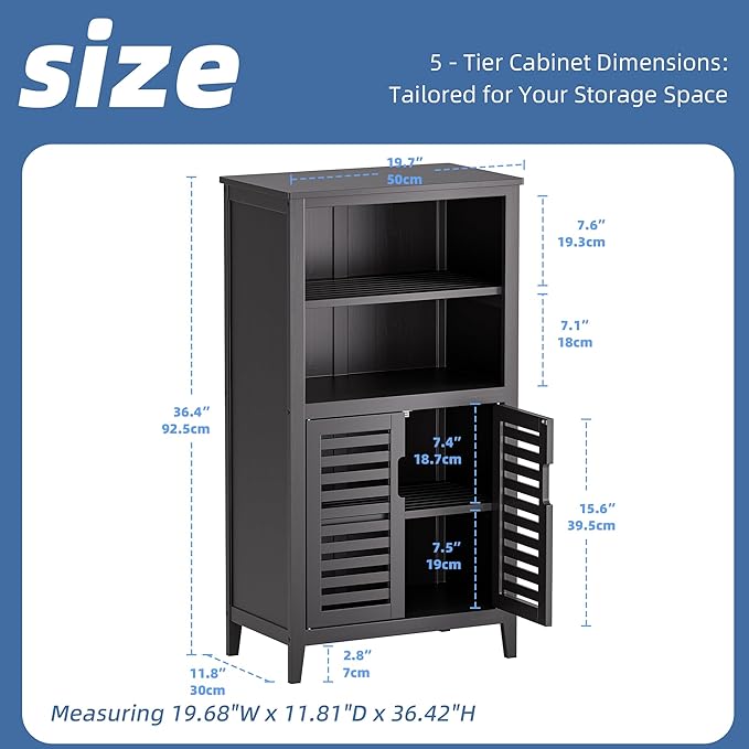 HITNET Black Bathroom Storage Cabinet, Freestanding Bamboo Floor Cabinet 5 Tier Tall Kitchen Cupboard with Door and Removable Shelves
