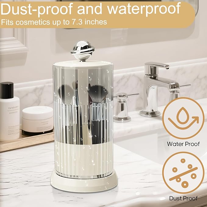 Makeup Brush Holder with Lid,One Touch Open 4 Slot Makeup Brush Case with Waterproof Dustproof, 360 Rotating Makeup Organizer for Vanity Desktop Counterto Bathroom (White)-NeatNest