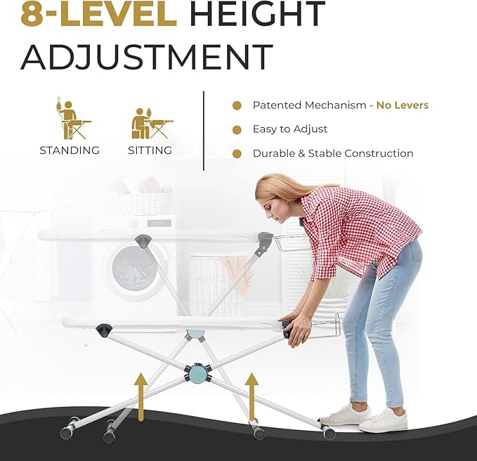 Dazzl 360° Dual-Sided Iron Board - Torso-Shaped Ironing Board Full Size with 8-Level Adjustable Height, Detachable Iron Holder, Garment Clips - HDPE Heat-Resistant Surface