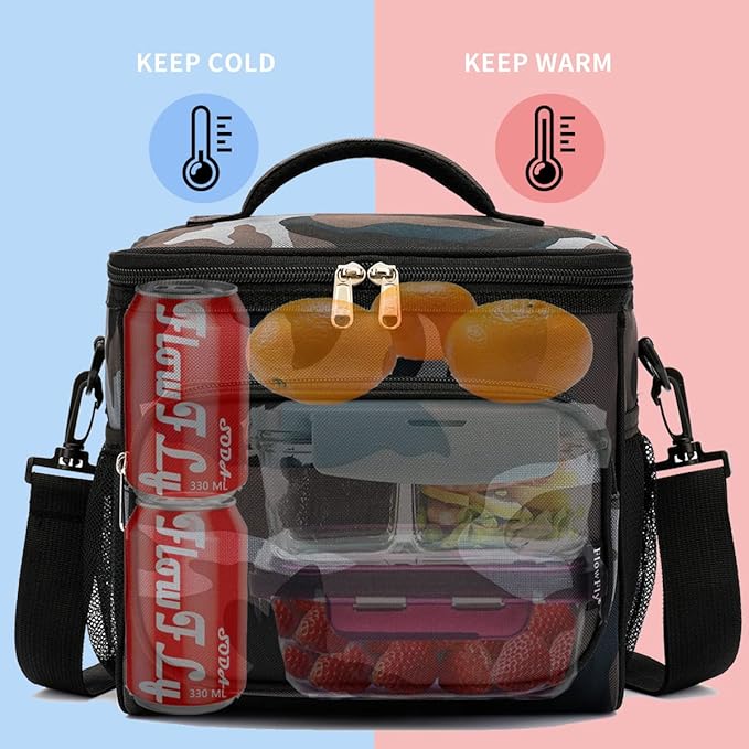 FlowFly Insulated Reusable Lunch Bag Adult Large Lunch Box for Women and Men with Adjustable Shoulder Strap,Front Zipper Pocket and Dual Large Mesh Side Pockets,BlackCamo-NeatNest