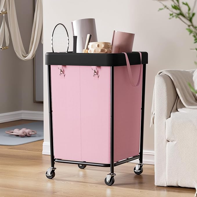 Chrislley 160L Laundry Hamper with Wheels, 2 Section Large Laundry Basket with Removable Bag, Steel Frame Dirty Clothes Hamper, Rolling Laundry Cart for Bedroom, Bathroom, Dorm, Hotel, Pink