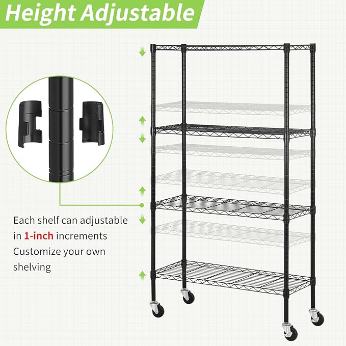 4 Tier Wire Shelving Unit 62" H x 36L x 14D Heavy Duty Metal Shelf 1400Lb Capacity Storage Shelves w/Wheels Adjustable Kitchen Storage Racks Wire Shelves for Pantry Garage, Black