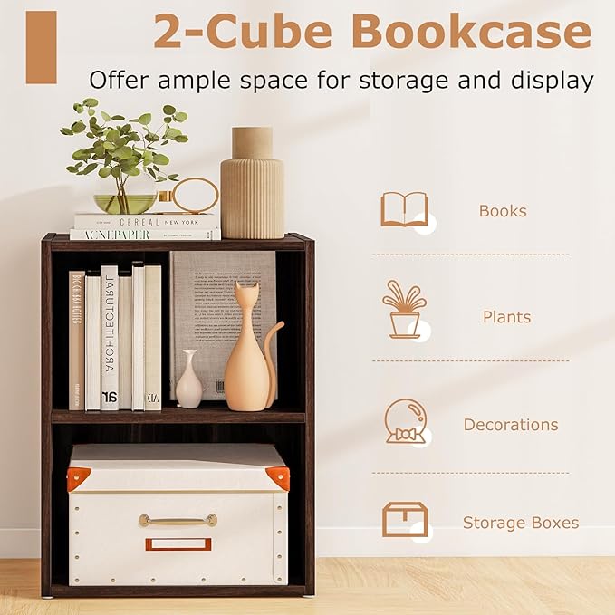 Giantex Bookshelf and Bookcase 2-Layer Storage Shelf w/Large-Capacity Open Storage Space, MDF P2 Veneer, for Living Room Bedroom Study Office Multi-Functional Furniture Display Cabinet (Walnut, 1)