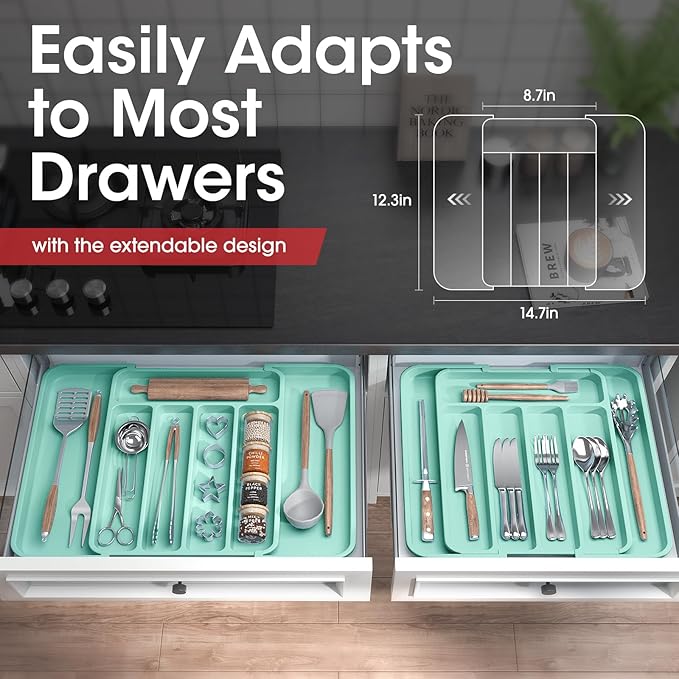 Aujen Silverware Organizer - Expandable Kitchen Drawer Organizer, Adjustable Utensil Organizer, Cutlery Tray for Forks, Knives, Multipurpose Kitchen Organizers and Storage Solution, Green, Medium-NeatNest
