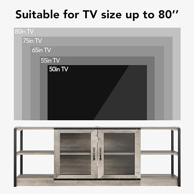 CABIHOME Farmhouse TV Stand for 75/80 inches TVs, Entertainment Center with Storage Cabinet and Mesh Doors, Industrial Media Console Cabinet Table, Living Room Media Furniture, Light Grey-NeatNest