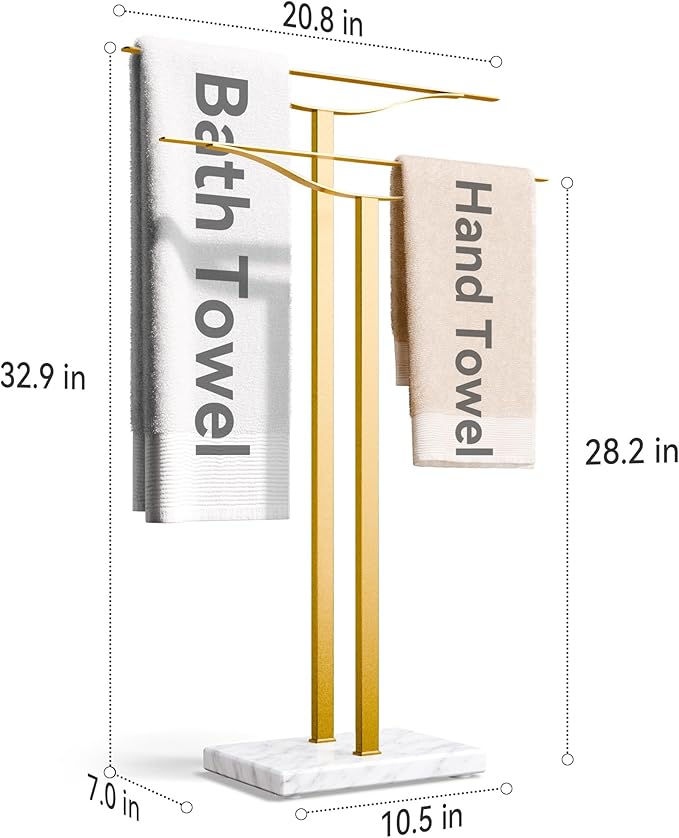 Bathroom Towel Rack Freestanding Floor Stand: Gold 33in 2‑Bar Weighted Marble Base Towel Holder, Rustproof 304 Stainless Steel Drying Rack for Bath&Hand Towels, No‑Drill Slim Organizer, Spa Pool