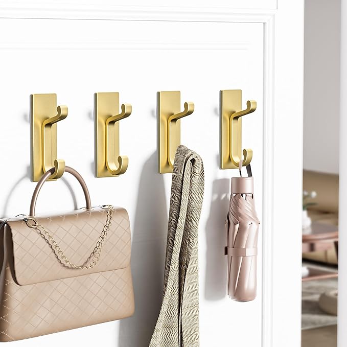 4 Pack Self Adhesive Wall Hooks for Coats - Stainless Heavy Duty Double Hook for Clothes, Towel, Keys, Purse, Backpack, Bag, Hat, Gold Coat Hook for Door, Bathroom, Bedroom, Holds 10Lbs.