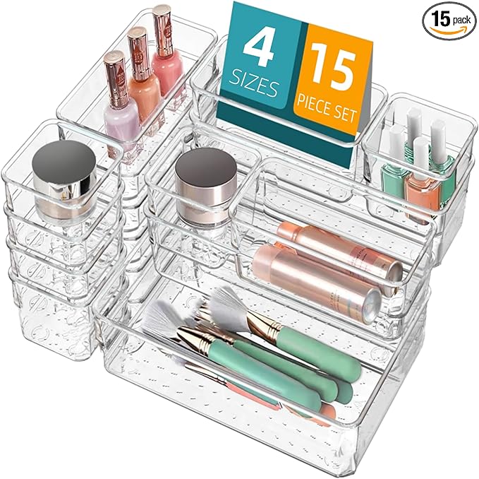 Drawer Organizer, Makeup Organizer, Desk Drawer Organizer, Acrylic Storage Bins for Makeup, Skincare, Jewelry, Office Supplies Used in Vanity, Kitchen, Bedroom, Bathroom, Office - 15pcs-NeatNest