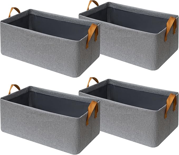 4 Pack Closet Cloth Storage Bins for Shelves,Medium Storage Baskets for Shelves, Fabric Bins for Closet organization with Handles（ Gray 15''L x 10.2''W x 7.5''H）-NeatNest