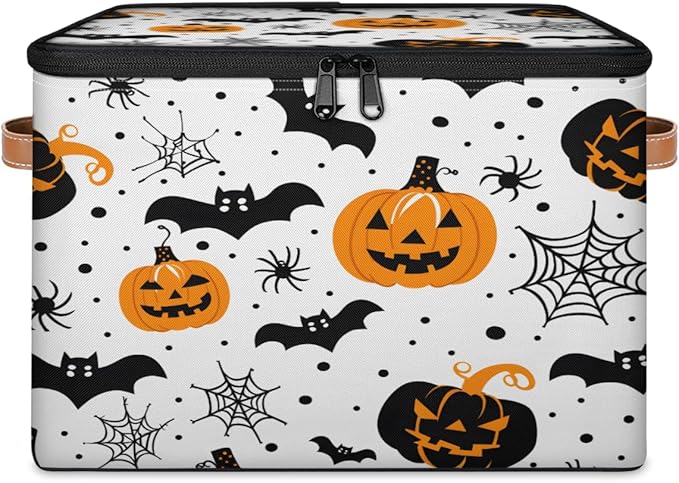 Halloween Pumpkin Storage Bins with Lids, Spiders Bat Fabric Storage Boxes with Zipper, Collapsible Decorative Closet Organizer Cube for Clothes,Organizing, Shelves-NeatNest
