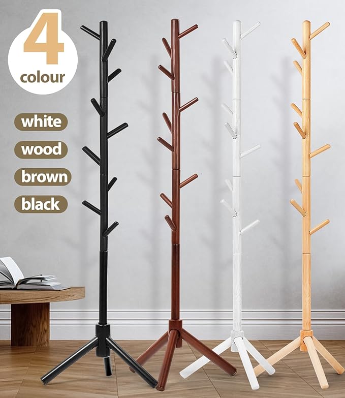 Beech Wood Coat Rack Stand with 9 Hooks, 3 Height Adjustable, simple Freestanding Solid Wooden Coat Tree Hanger for Clothes, Hats, Scarves, bags, Jackets, Bedroom, livingromm(Natural Wood)-NeatNest