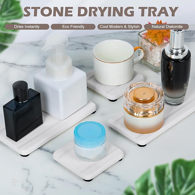 4PCS Stone Drying Trays for Bathroom Sink, Water Absorbing Stone Tray, Water Absorbent Diatomaceous Earth Tray and Coaster, Diatomite Soap Dish, Drying Stones Soap Trays for Kitchen Counter-NeatNest