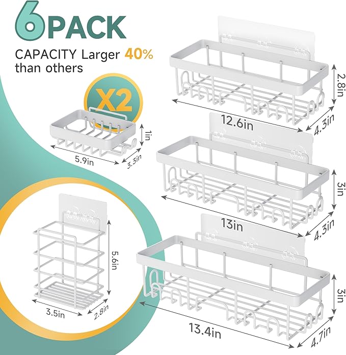 Veken 6-Pack Rustproof Waterproof Shower Caddy, Adhesive Shelves Rack with Soap Holder, Large Bathroom & Washroom Organizer, No Drilling Wall-Mounted Kitchen & Home Decor, Ideal for Bathtub Storage-NeatNest
