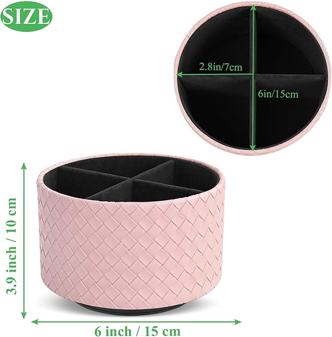 Hennaja Round Leather Art Supply Organizer,Remote Control Holder,360 Degree Spinning,Multi-Functional Pencil Holder,4 Compartments Desktop Stationary Organizer(1-Weave Pink)-NeatNest
