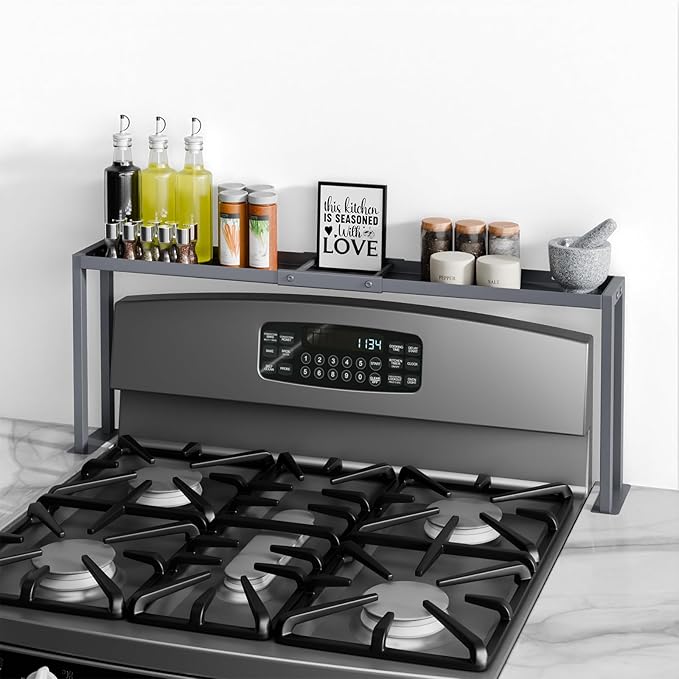 Bumusty Spice Rack Shelf for Kitchen Stove, 32" Stove Top Shelf, Adjustable Oven Spice Rack, Seasoning Organizer Kitchen Shelves, Grey-NeatNest
