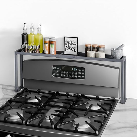 Bumusty Spice Rack Shelf for Kitchen Stove, 32" Stove Top Shelf, Adjustable Oven Spice Rack, Seasoning Organizer Kitchen Shelves, Grey-NeatNest