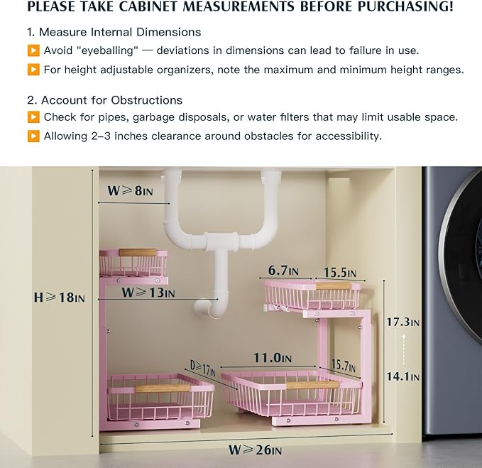 Under Sink Organizers, 2 Pack Kitchen Bathroom cabinet organizer, 2 Tier under bathroom kitchen sink organizer, Height Adjustable Bathroom Organizers and Storage, Pink-NeatNest