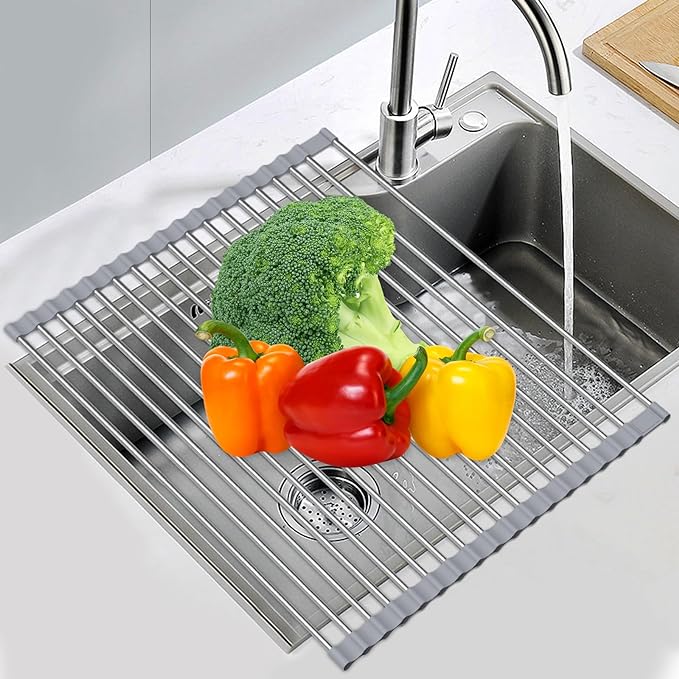 Dish Drying Rack Expandable Up to 23.6", Roll Up Over The Sink Dish Drying Rack, Extra Large Stainless Steel Multipurpose Kitchen Sink Drainer - 23.6"(L) x 15.7"(W)