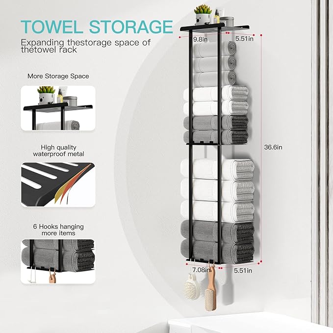 Towel Racks for Bathroom, 36.6 inch Metal Towel Storage, 8 Large Bath Towels Capacity, 3-Tier Towel Holder for Bathroom, with Shelf & 6 Hooks, Wall Mounted Towel Rack for Rolled Towels, Black