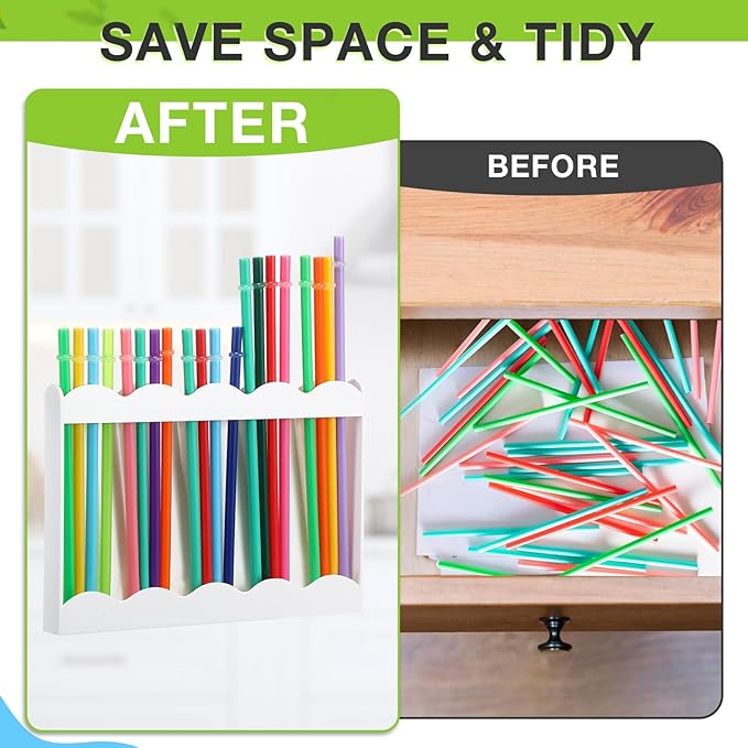 Acrylic Straw Holder for Cabinet Door with Double Sided Adhesive Tape Reusable Straw Organizer Tumbler Storage Kitchen Accessories Container for Counter Cupboard(Wave,Large,White)