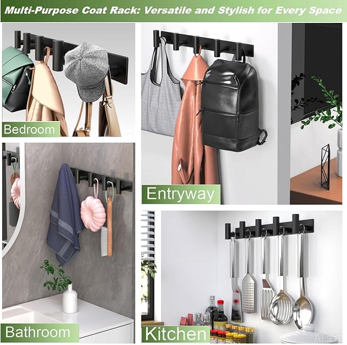 Coat Rack Wall Mounted with 5 Hooks,Metal Wall Hooks for Hanging Towel Coat Bag, Stainless Steel Coat Hooks Hat Rack Coat Hanger Towel Hooks for Entryway Bathroom Kitchen (Black, 2 Packs)-NeatNest