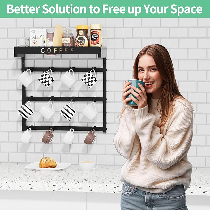 Coffee Mug Holder Wall Mounted with 12 Movable Hooks, Metal Coffee Cup Holder with Top Shelf, Mug Rack Wall Mount for Home Kitchen Display and Collection-NeatNest