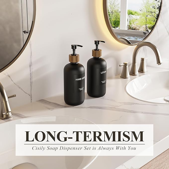 Cisily 2 Pack Black Kitchen Soap Dispenser Set with Wooden Pump, Dish and Hand Soap Lotion Dispenser Set with 6 Waterproof Stickers for Kitchen and Bathroom Decor for Counter, Modern Vintage Liquid-NeatNest