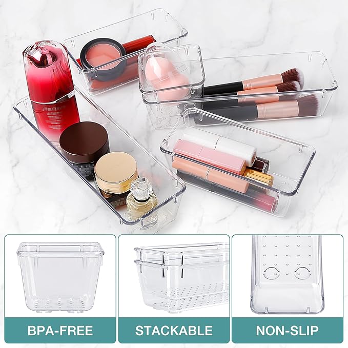 10 PCS Drawer Organizer Set,4 Varied Size Bathroom and kitchen Drawer cabinet organizer Trays, Clear Storage Bins for Makeup, Jewelry, Utensils and Gadgets-NeatNest