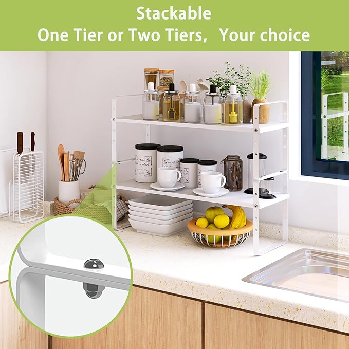 Expandable Cabinet Shelf Organizer Rack, Stackable Kitchen Counter Storage Shelves Stand, Adjustable Height Pantry Shelf Spice Rack (White, 1 Pack)-NeatNest
