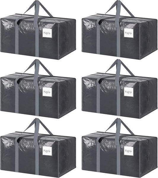 6 Pack Extra Heavy Duty Large Moving Bags with Strong Zipper & Comfortable Handles, Sturdy & Durable Clothes Storage Bags Totes Bins, Packing Moving Boxes for College Supplies, Gray-NeatNest