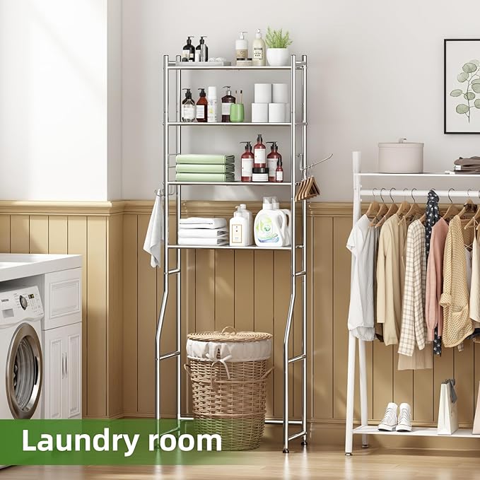4-Tier Over The Toilet Rack, Shelf Bathroom, Bathroom Storage Organizer with 4 Hooks and Holder Space Saver, Chrome