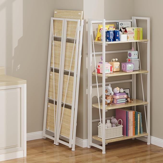 BHG Vintage Multifunctional Bookcase Folding Bookshelf, No-Assembly Plant Stand Storage Rack Shelves for Home Office (White, 4-Tier)-NeatNest