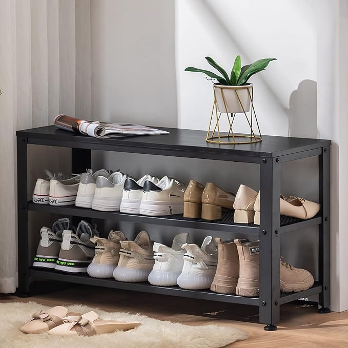 Apicizon Shoe Rack, 35.5 Inches 3-Tier Shoe Rack for Entryway with Long Seat and Metal Shelves for Garage, Industrial Storage Bench with Steel Structure for Living Room, Bedroom, Mudroom, Black-NeatNest