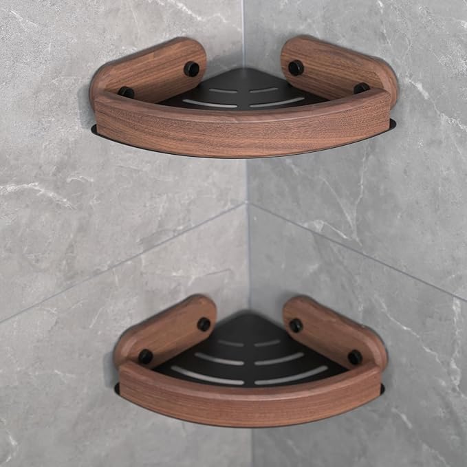 Stylish Suction Cup Aluminum Corner Shower Caddy Adjusatble Bathroom Walnut Wood Grain Triangle Storage Rack No Drilling Rust Proof Shower Shelf (2)