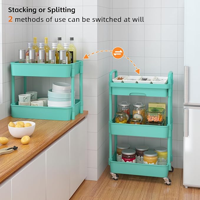 Calmootey 3-Tier Rolling Utility Cart with Drawer,Multifunctional Storage Organizer with Plastic Shelf & Metal Wheel,Storage Cart for Kitchen,Bathroom,Living Room,Office,Green-NeatNest