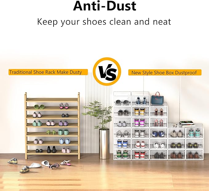 12 Pack XX Large Shoe Organizer Storage Boxes for Closet, Modular Space Saving Shoe Boxes Clear Plastic Stackable Sneaker Containers Display Case with Lids, Pearl White-NeatNest