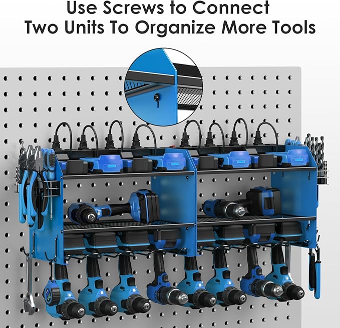 CCCEI Modular Power Tool Organizer Wall Mount with Charging Station. Garage 4 Drill Storage Shelf with Hooks, Screwdriver, Drill Bit Heavy Duty Rack, Tool Battery Holder Built in 8 Outlet Power Strip.-NeatNest